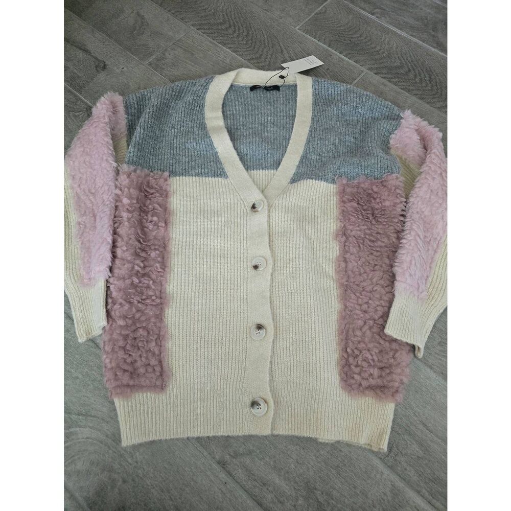 Women's Strut & Bolt Cream Gray Pink Faux Fur Cardigan Sweater Size Medium/Large
